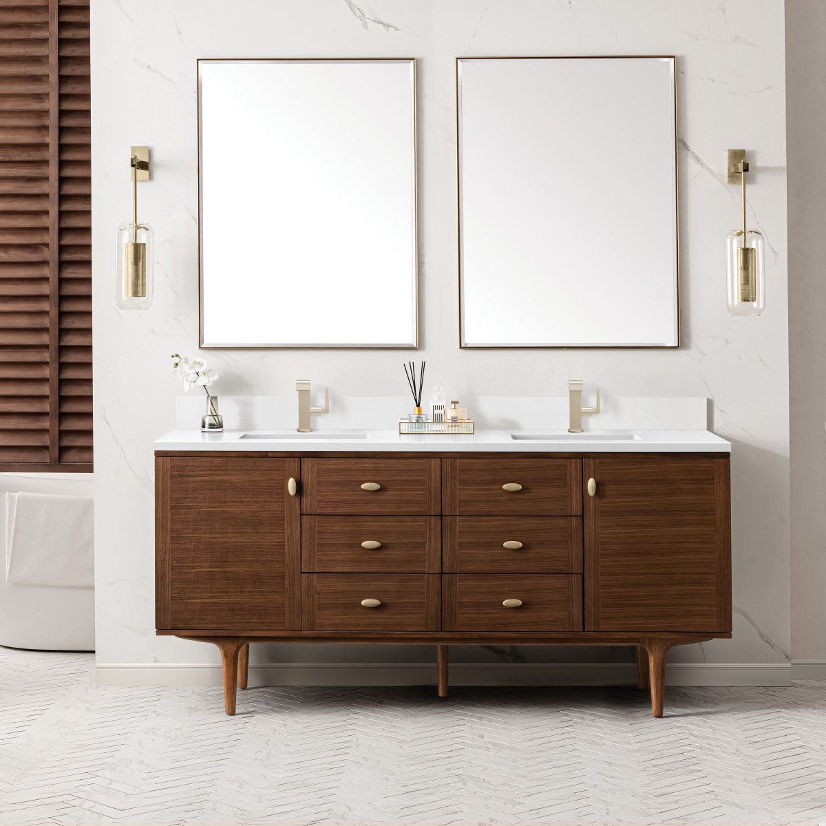 Amberly 72" Double Vanity Cabinet, Mid-Century Walnut