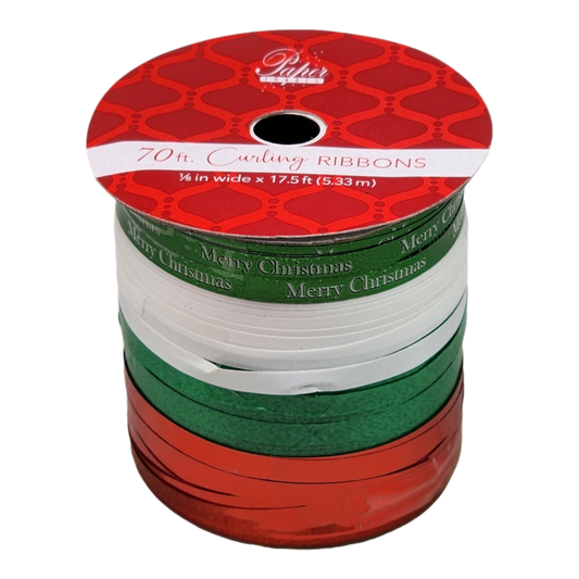 1/8 Inch Curling Ribbon - 4 Colors - 17.5 Feet Each - Red/Green/White/Merry Christmas