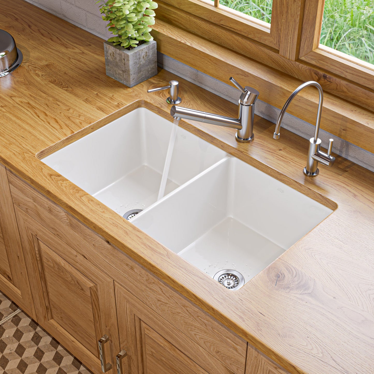 ALFI brand ABF3219DUD ABF3219DUD-W White 32" x 19" Double Bowl Fireclay Undermount / Drop In Kitchen Sink w Grid