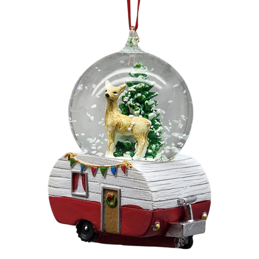 Camper Snowglobe Ornament - Reindeer