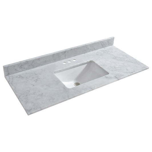 WOODBRIDGE 49"x22" Vanity Top with Single Under Mount Rectangle Bowl, Carrara White Marble, Pre-drilled with 3-hole for 4-inch Centerset Faucet set up Option