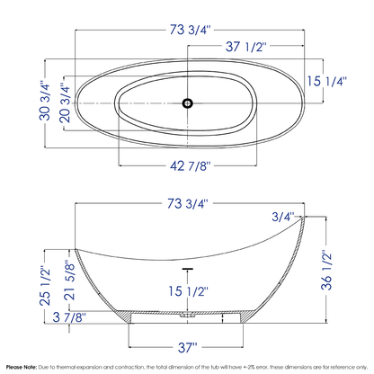 ALFI brand  AB9951 73" White Solid Surface Smooth Resin Soaking Slipper Bathtub