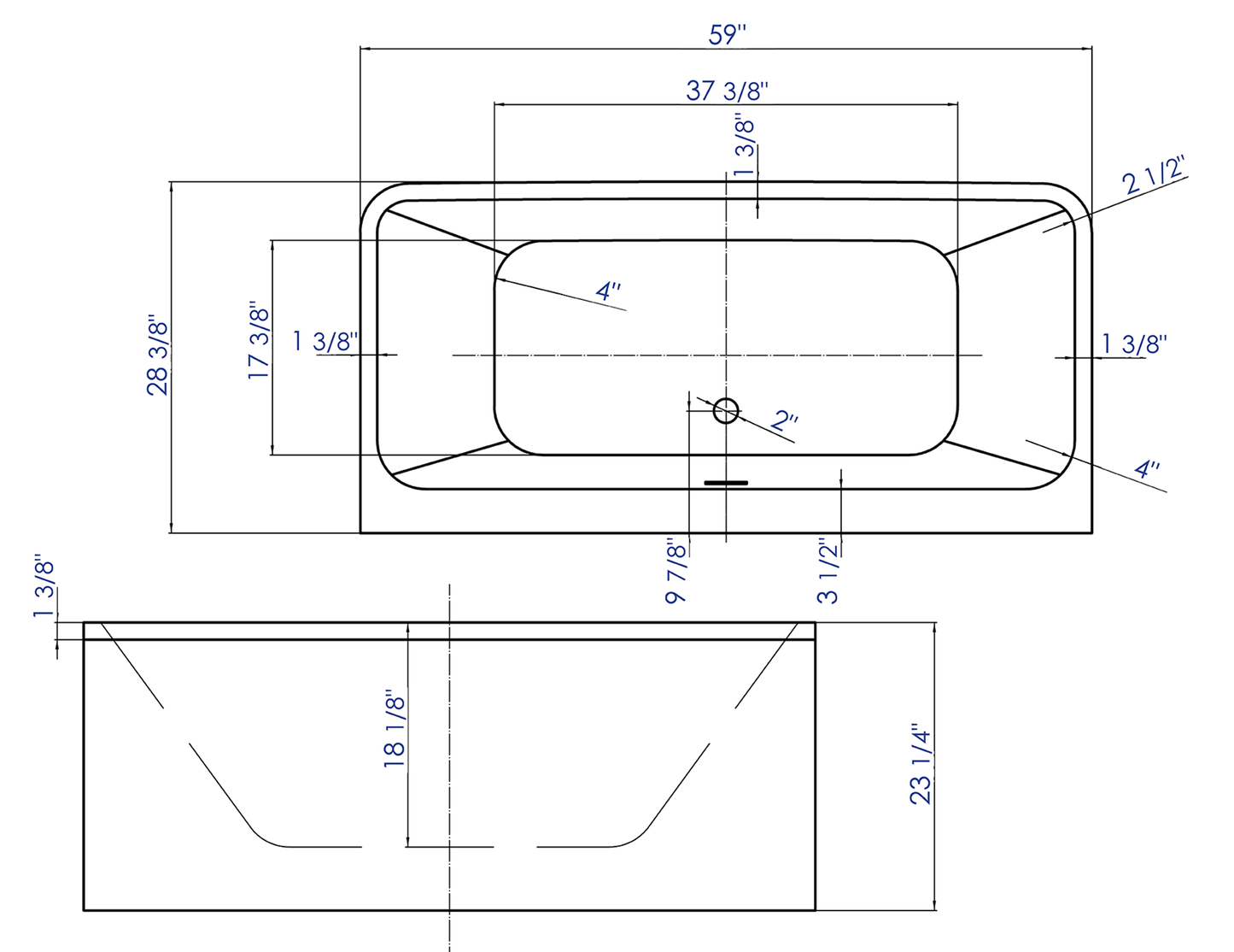 ALFI brand  AB8858 59 inch White Rectangular Acrylic Free Standing Soaking Bathtub