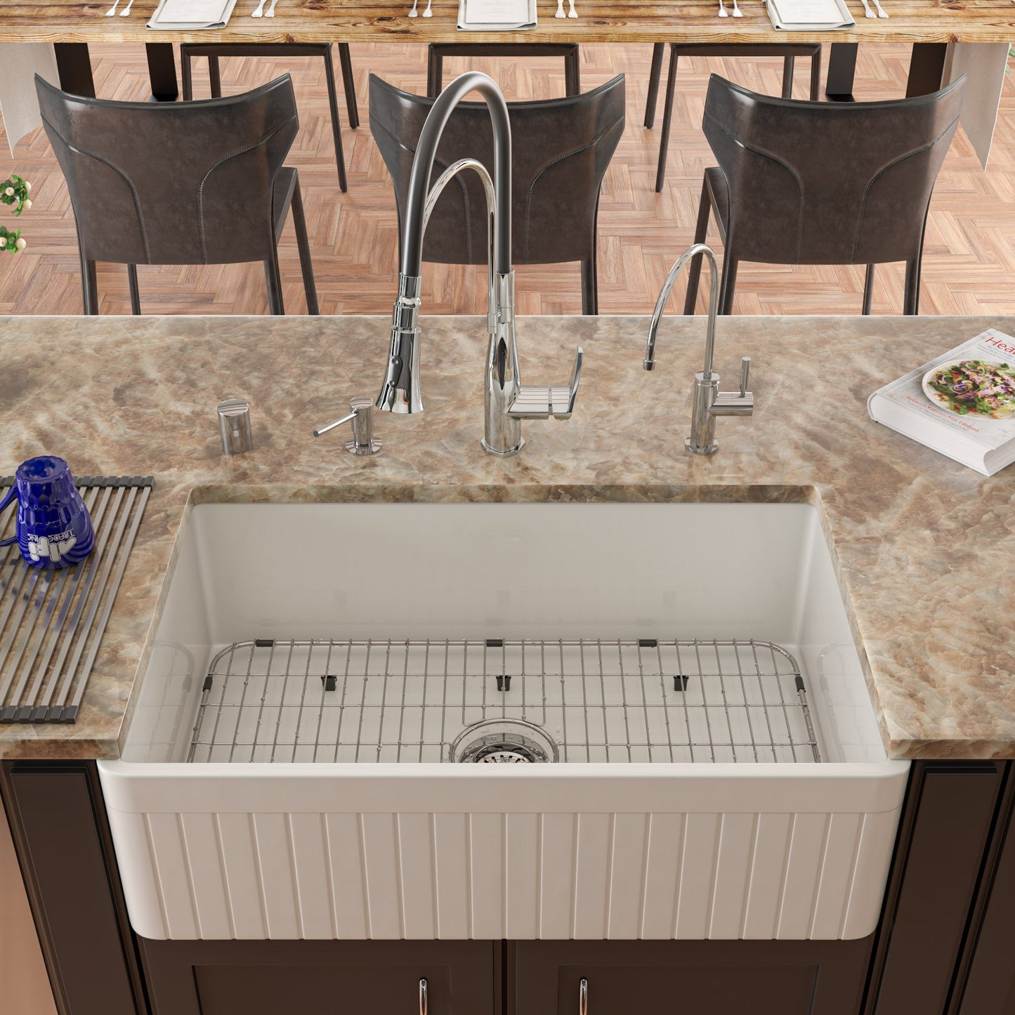 ALFI brand AB532 AB532-W 33" White Single Bowl Fluted Apron Fireclay Farm Sink