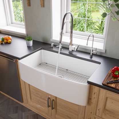 ALFI brand ABFC3620S ABFC3620S-W White Smooth Curved Apron 36" x 20" Single Bowl Fireclay Farm Sink with Grid