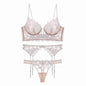 Ty094Bp3 Deep V Ultra-Thin Gauze Embroidered Garter Belt 3 Piece Underwear Set