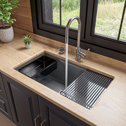 ALFI brand AB3418SBUM 33" Granite Composite Workstation Step Rim Single Bowl Undermount Sink with Accessories