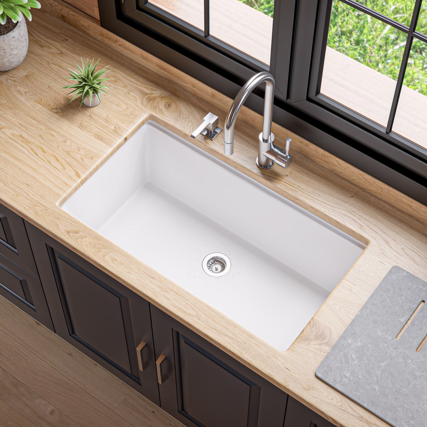 ALFI brand AB3418SBUM 33" Granite Composite Workstation Step Rim Single Bowl Undermount Sink with Accessories