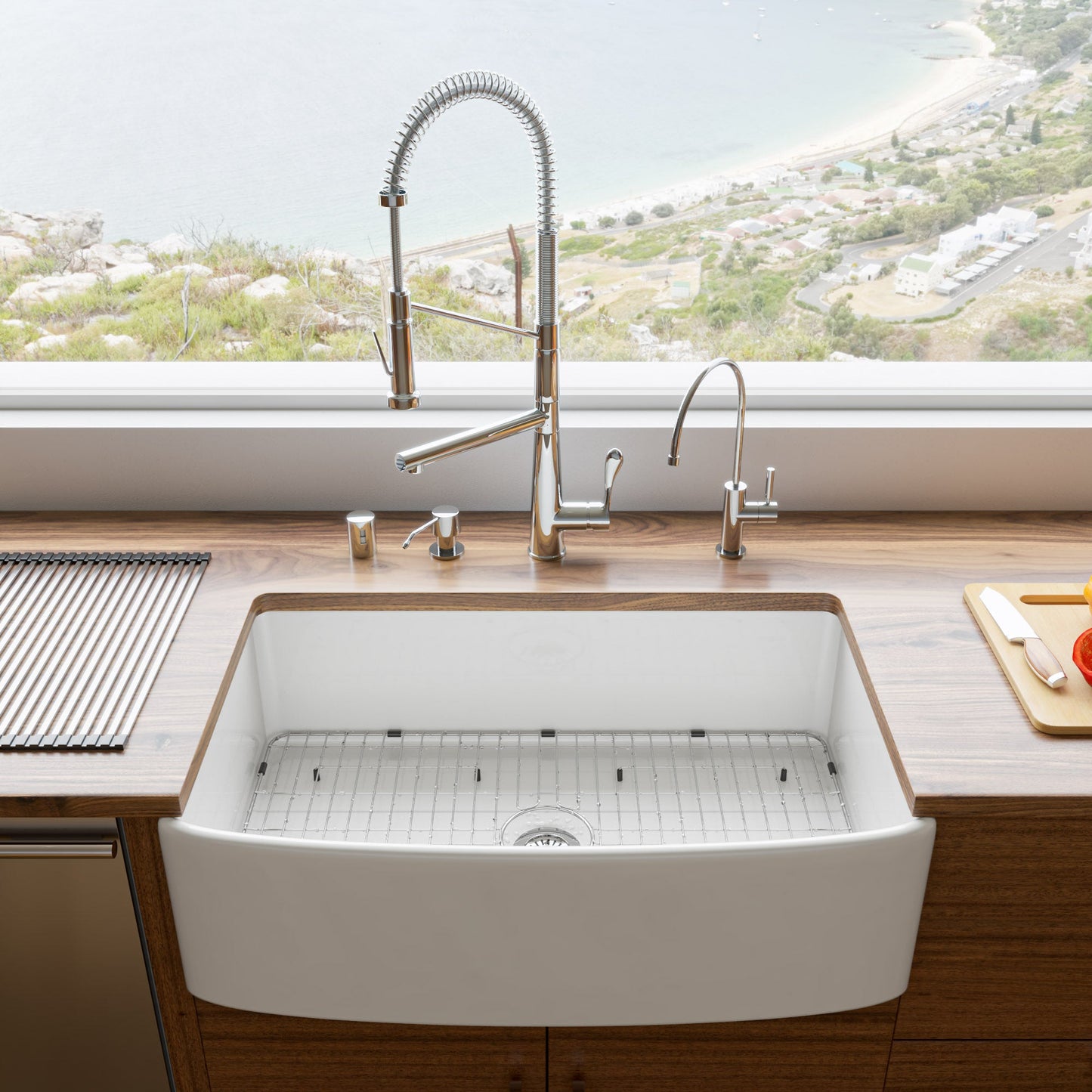ALFI brand ABFC3320S ABFC3320S-W White Smooth Curved Apron 33" x 20" Single Bowl Fireclay Farm Sink with Grid