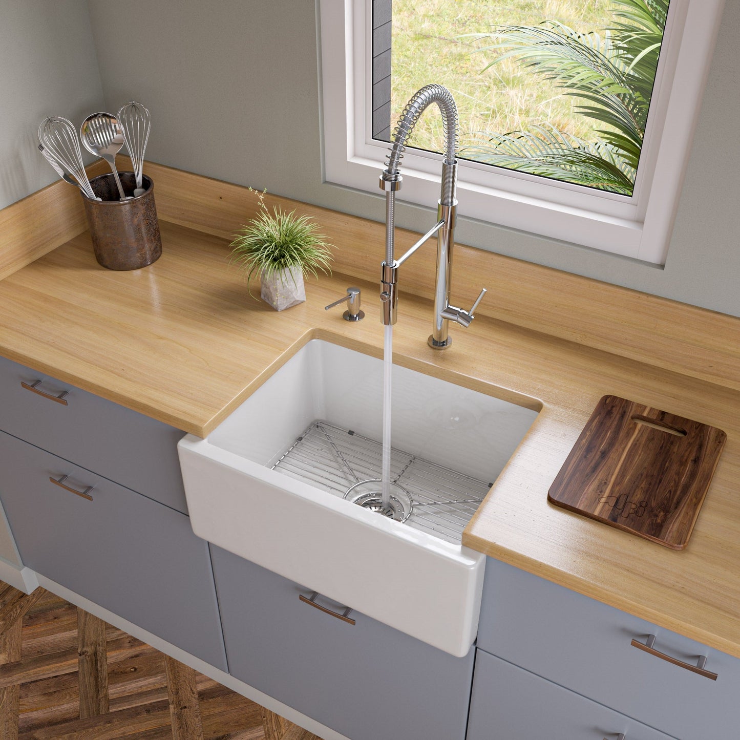 ALFI brand AB2418HS AB2418HS-B 24 inch Biscuit Reversible Smooth / Fluted Single Bowl Fireclay Farm Sink
