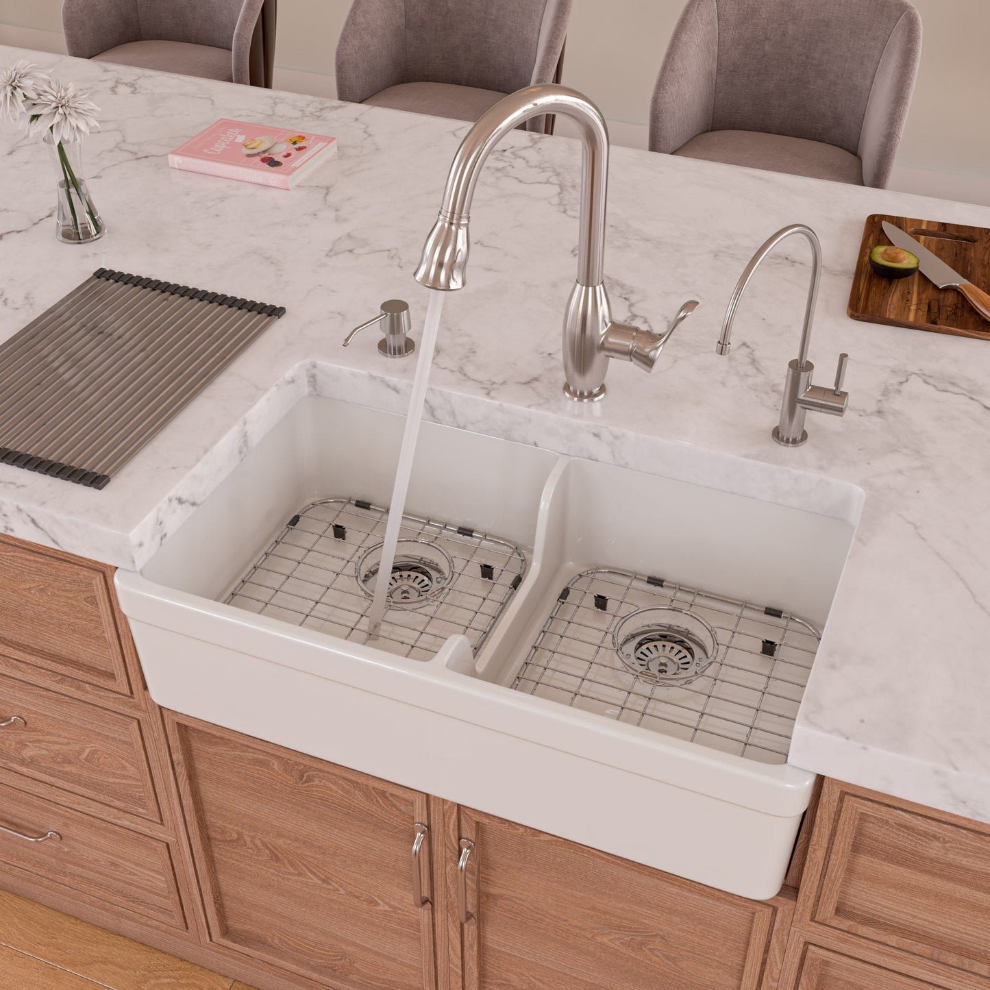 ALFI brand AB5123 AB5123-W White 32" Short Wall Double Bowl  Lip Apron Fireclay Farmhouse Kitchen Sink