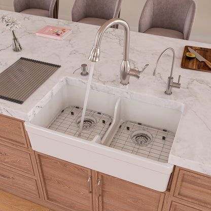 ALFI brand AB5123 AB5123-W White 32" Short Wall Double Bowl  Lip Apron Fireclay Farmhouse Kitchen Sink
