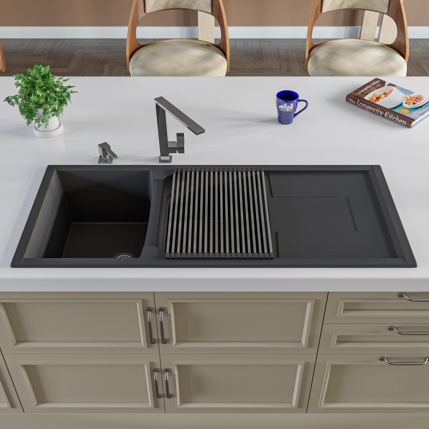 ALFI brand AB4620DI 46" Double Bowl Granite Composite Kitchen Sink with Drainboard