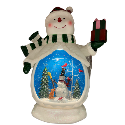 B/O Lighted Musical Spinning Water Globe Snowman with Holiday Scene White Coat