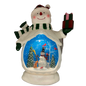 B/O Lighted Musical Spinning Water Globe Snowman with Holiday Scene White Coat