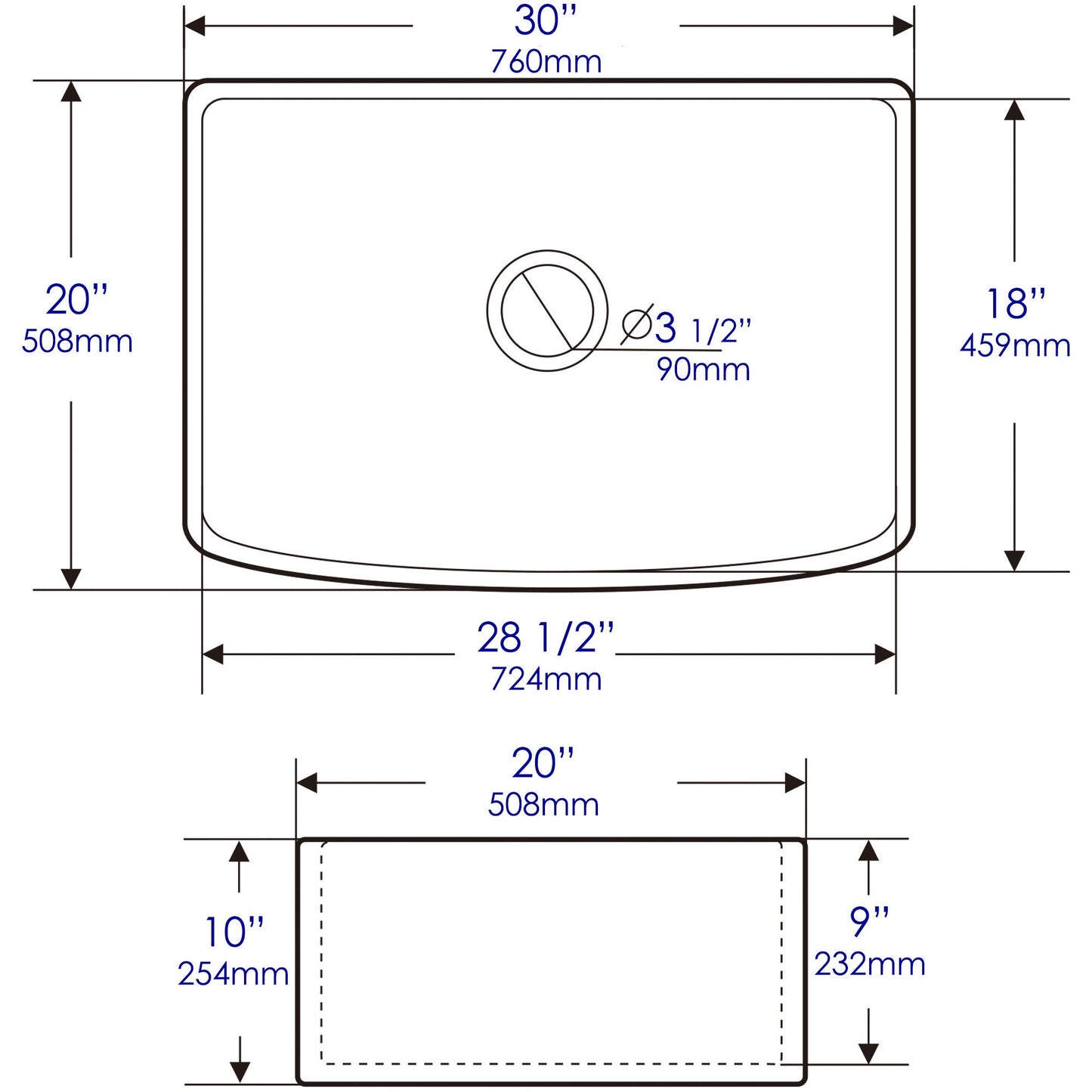 ALFI brand ABFC3020 ABFC3020-W White Smooth Curved Apron 30" x 20" Single Bowl Fireclay Farm Sink with Grid