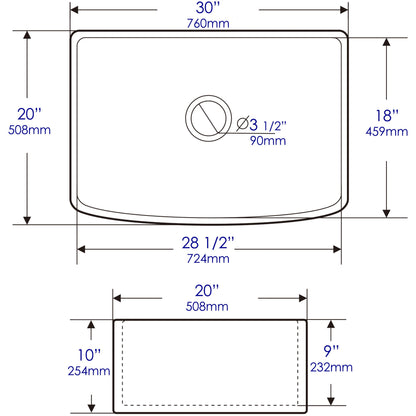ALFI brand ABFC3020 ABFC3020-W White Smooth Curved Apron 30" x 20" Single Bowl Fireclay Farm Sink with Grid