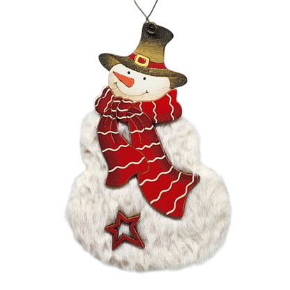 Fuzzy Wooden Snowman Ornament - 5 Inches