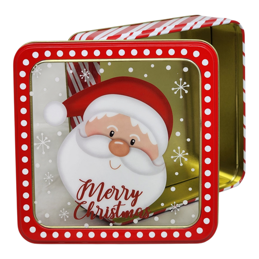 Square Cookie Tin with Window - Merry Christmas Santa Face
