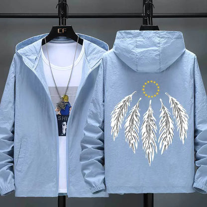 Hooded Jacket with Feather Print Plus Size Jacket
