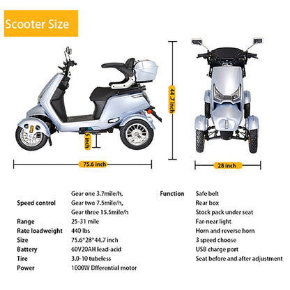 Zvg Heavy Duty 1000W 60V20AH Four Wheel All-Terrain Travel Mobility Scooter, 440LBS (SAK97245)