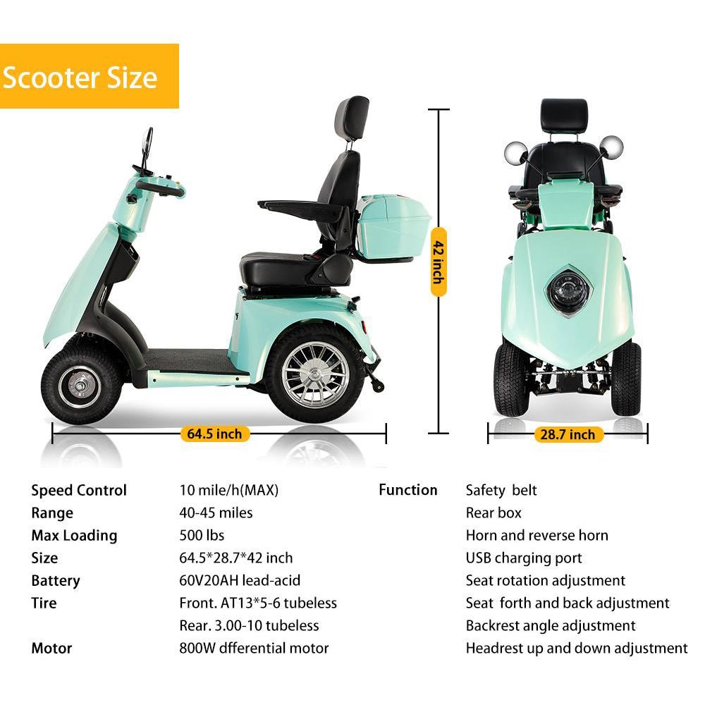 Zvg Heavy Duty 800W 60V/20AH 4-Wheel Elderly Handicap Adult Mobility Power Travel Scooter, 500LBS (SAK95736)